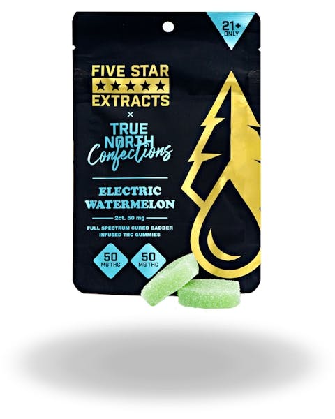 Product: True North Confections x Five Star Extracts | Vegan Electric Watermelon Cured Badder Gummies 4pc | 200mg