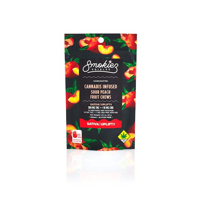 Enhanced with real cannabis terpenes! Smokiez Sour Peach Sativa Fruit Chews are NOT YOUR AVERAGE FRUIT CHEWS™ ;) These fruit chews taste like fresh peaches picked right off the tree, with a tangy balance of fruity and citrusy notes. These delicious fruit chews are a tasty and discreet way for you to medicate! They are also Vegan, Gluten Free, Dairy-Free, and contain NO High Fructose Corn Syrup. Each of our mouth watering fruit chews contain 10 mg of THC, and made with our high clarity cannabis distillate for great taste. There are 10 pieces per package with 100 mg active THC per package.
