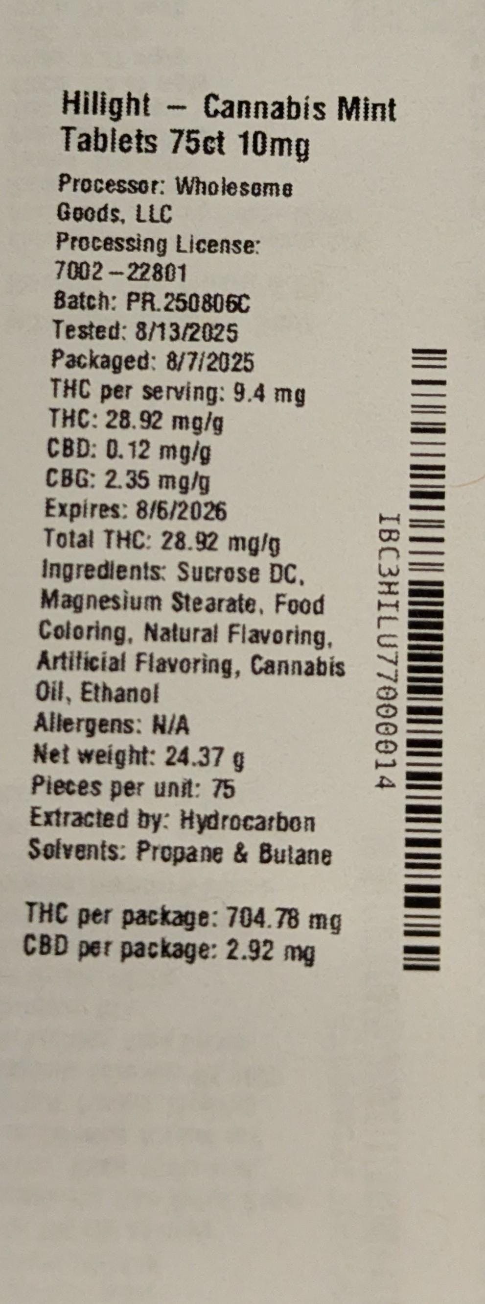 Mint Tablets 750mg (75-Pack | 10mg Each)