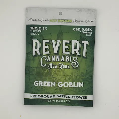 Revert - Green Goblin - Pre-ground Kief-infused 14g Sativa by Revert Cannabis, available at Purple Buds Dispensary in Jackson Heights, Queens