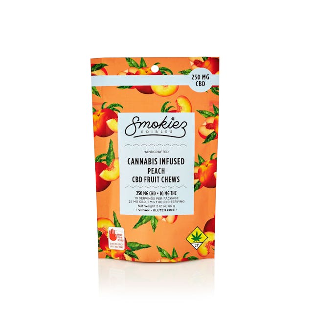 Smokiez Peach CBD-Infused Fruit Chews are NOT YOUR AVERAGE FRUIT CHEWS™ ;) These fruit chews taste like fresh peaches picked right off the tree, with a balance of sweetness and fruity notes. They are also Vegan, Gluten Free, Dairy-Free, and contain NO High Fructose Corn Syrup. Each of our mouth watering fruit chews contain 25 mg of CBD. There are 10 pieces per package with 250mg of CBD per package.
