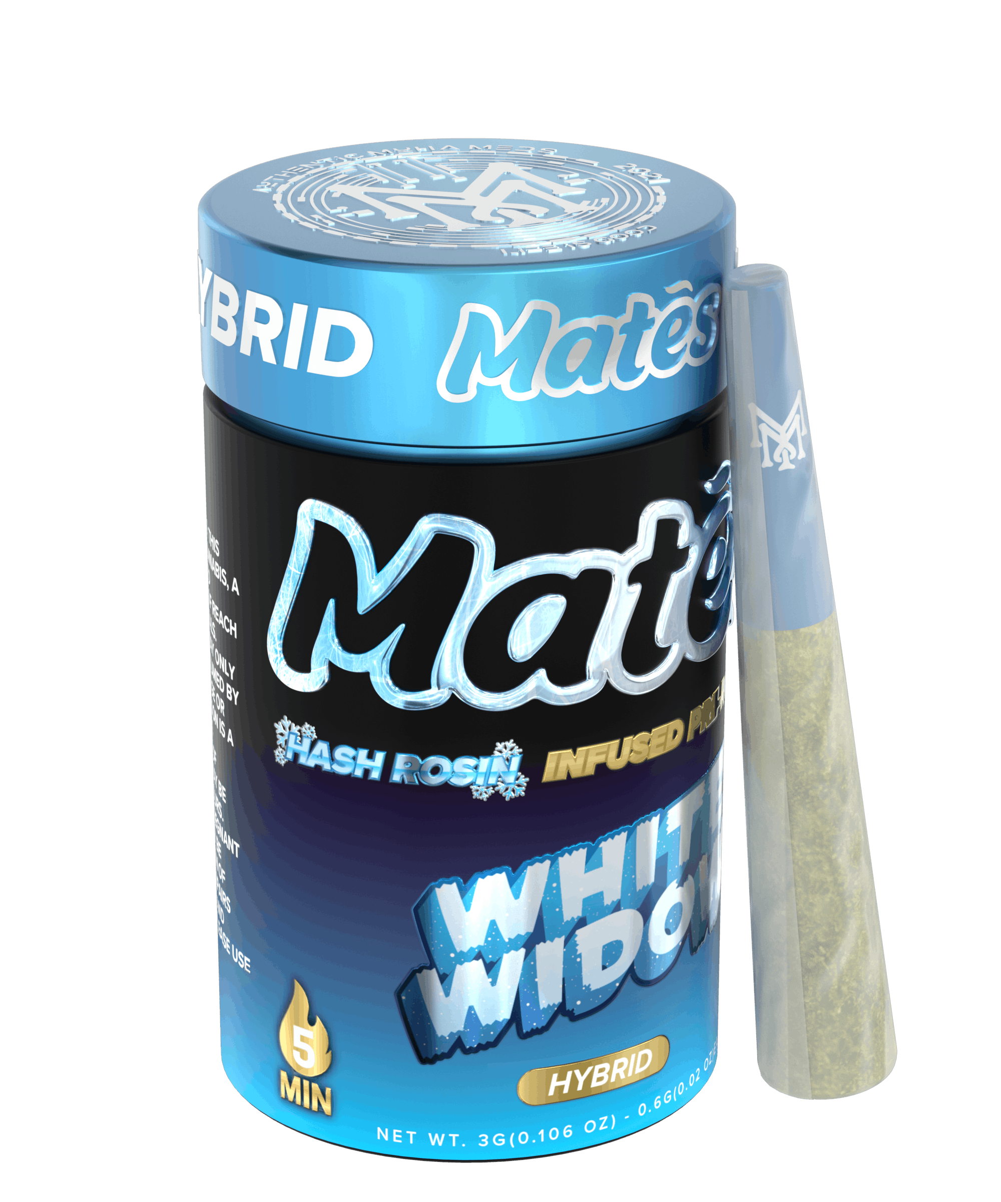 Product: Muha Mates | White Widow | Hash Rosin Infused Pre-roll Pack | 0.6g x 5 (3g) | Hybrid