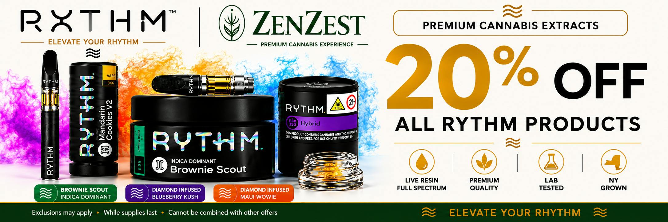 Save 20% on all RYTHM products for a limited time at ZenZest. Explore premium flower, vapes, pre-rolls, and concentrates from one of New York’s most trusted cannabis brands.