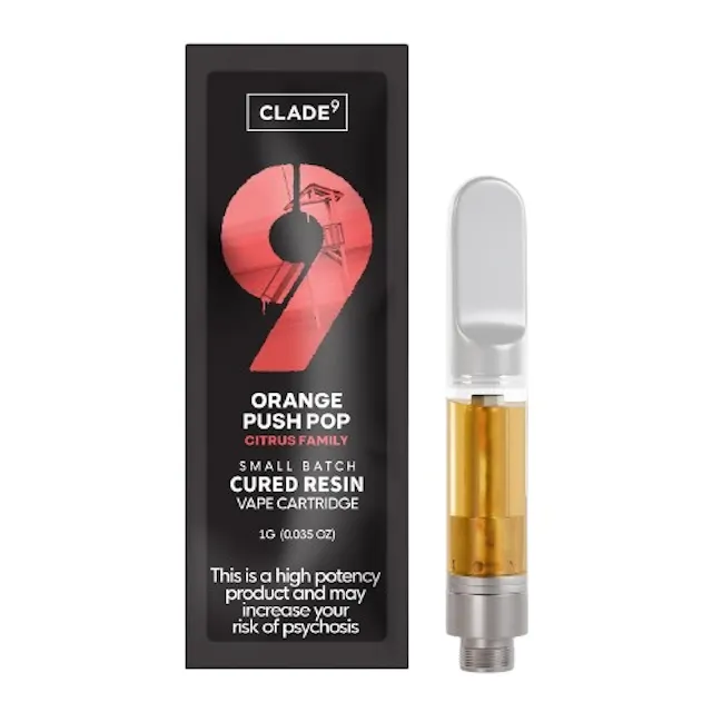 Clade9 Cured Resin Cart Orange Push Pop 1g (sativa hybrid, cured resin cartidge)