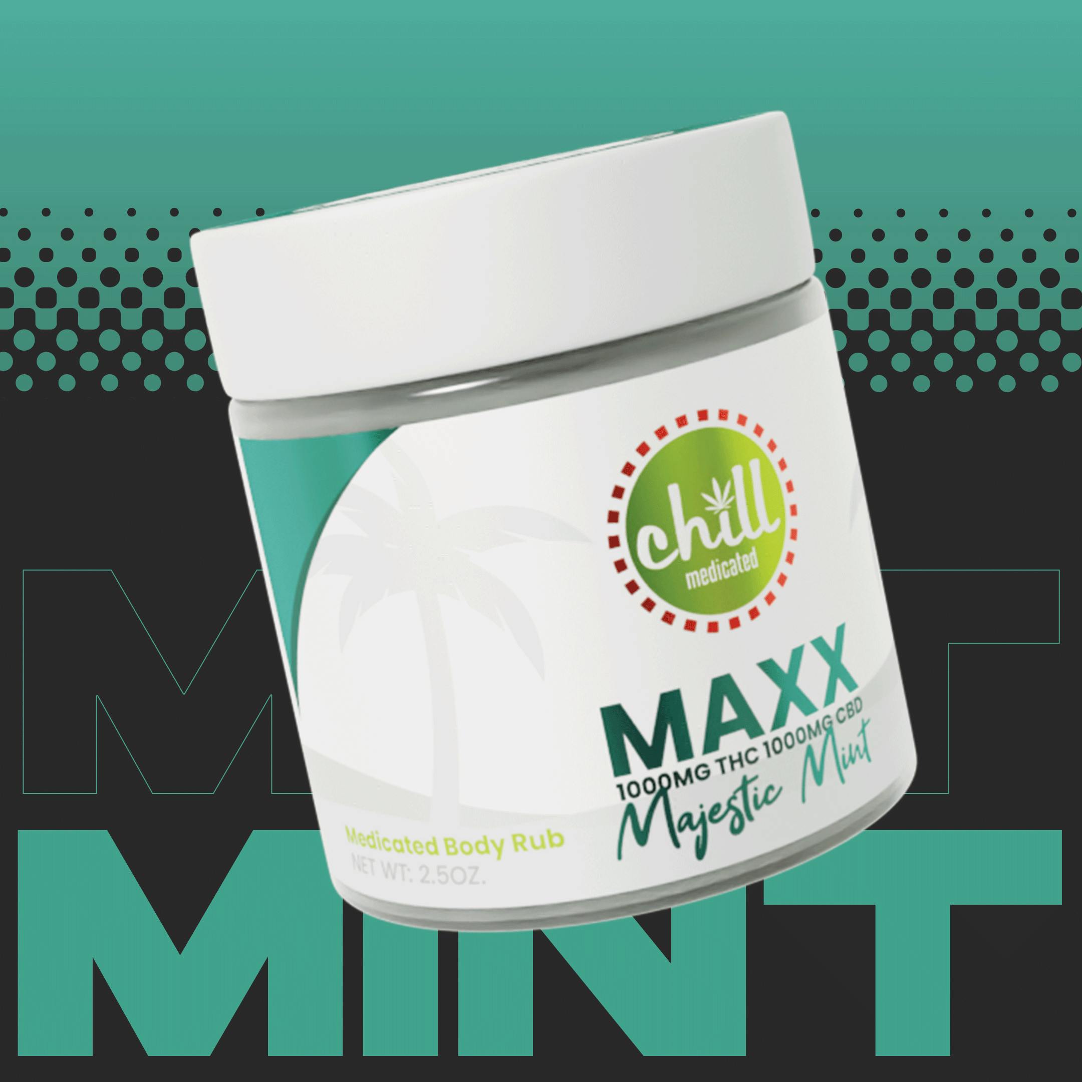Product: Chill Medicated | Body Rub - 2.5oz - 1000mg, 1:1, THC:CBD - Majestic Mint