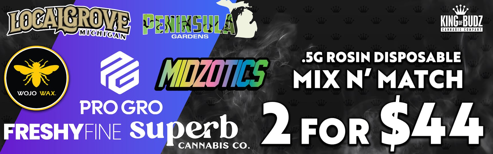 PG/Midzotics/Pro Gro/LG/Wojo/Freshy Fine/Superb .5g Rosin Disposable 2/$44