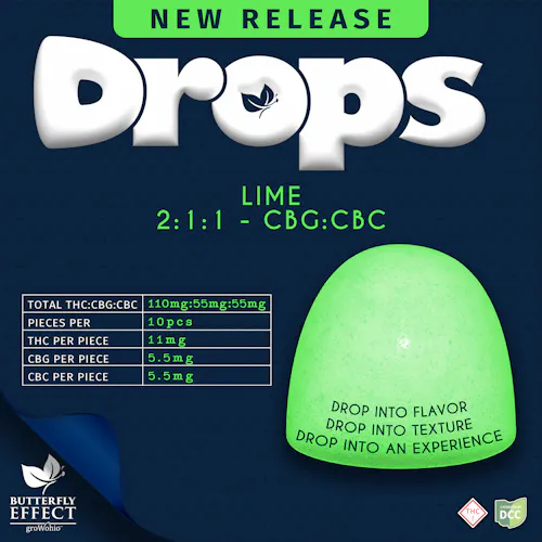 Butterfly Effect | 2:1:1 THC:CBG:CBC Lime Drops Gummies | 110mg-active