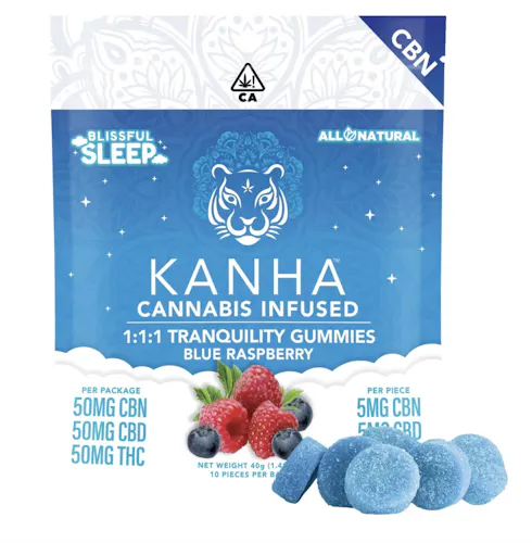 Kanha – Tranquility – Blue Raspberry – Gummy – 1:1:1 CBD/CBN/THC – 10ct – 150mg – Promo-active