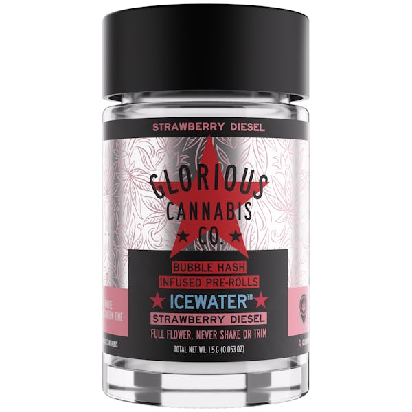 Product: Glorious Cannabis Co. | Strawberry Diesel Icewater Bubble Hash Infused Pre-Roll 3pk | 1.5g