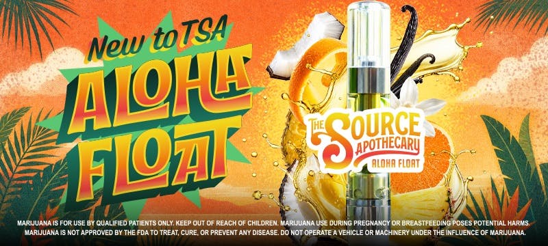 New to TSA banner for The Source Apothecary's Aloha Float vape cartridge, now available at The Source dispensary in Rogers, Arkansas, featuring tropical retro design with coconut, orange, pineapple, and vanilla imagery. 