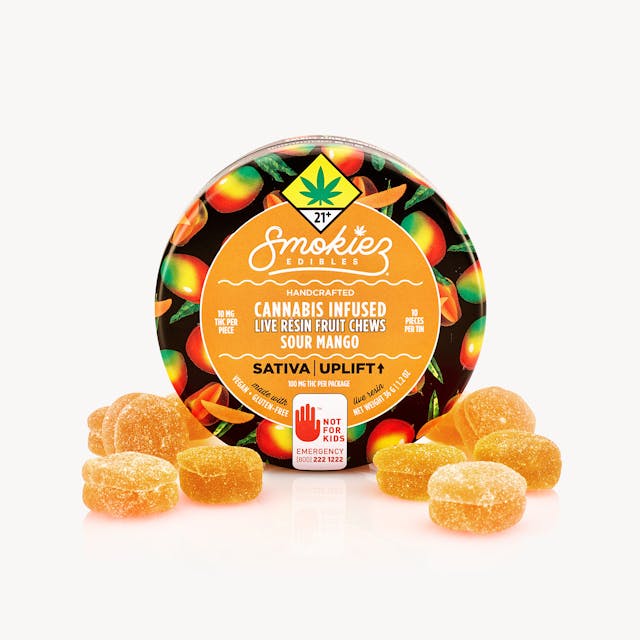 Smokiez Sour Mango Sativa Live Resin Fruit Chews are NOT YOUR AVERAGE FRUIT CHEWS™ ;) Thoughtfully extracted from full spectrum fresh-frozen cannabis - retaining all those flavorful terpenes typically lost in the curing phases. These terpenes simultaneously combined with our delicious fruit flavors result in a full-sensory, extra-flavorful, & seriously potent gummy. These delicious fruit chews are handcrafted with real fruit and an all natural recipe. Each of our mouth watering fruit chews contain 10 mg of THC, and made with our high quality live resin for good taste. There are 10 pieces per package with 100 mg active THC per package.
