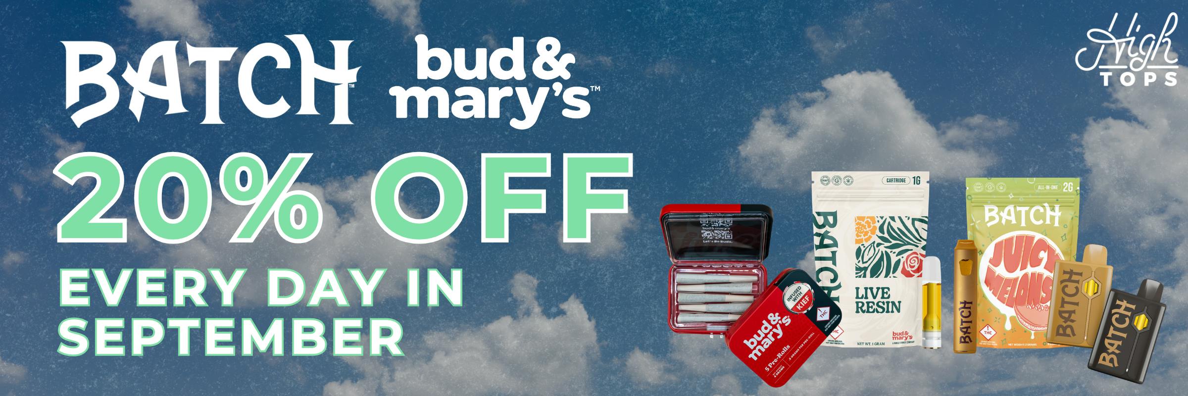 batch + bud & marys 20% off all of sept