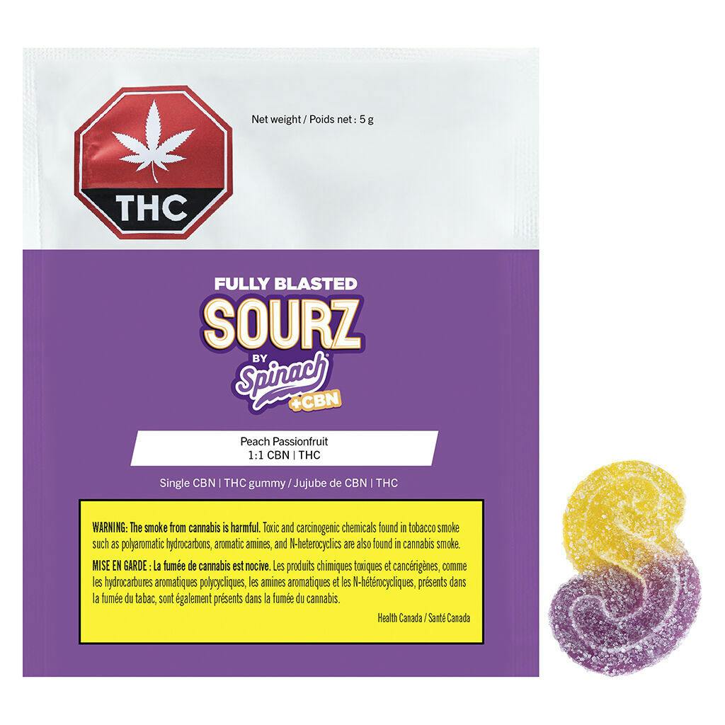 Sourz by spinach - fully blasted peach passionfruit 1:1 cbn thc gummy - 1 pack