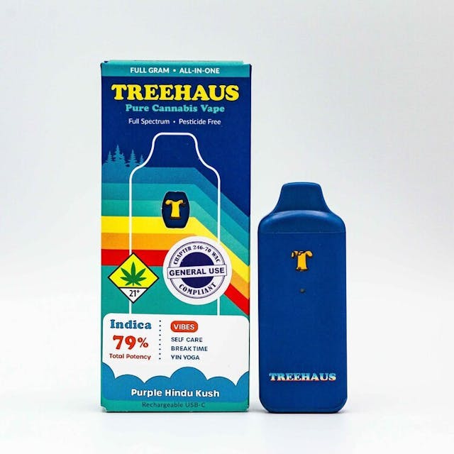 The classic Purple Hindu Kush will leave you sinking in your couch... It's okay, it has that effect on people. Slow down and lounge with this indica. These specially crafted vapes are produced by Heylo, offering a high-THC option that has a hint of full-spectrum. With Treehaus, you get high and stay high for longer than any other distillate based vape. Always, 100% cannabis and pesticide free. Treehaus - in the trees where we rule with less rules.