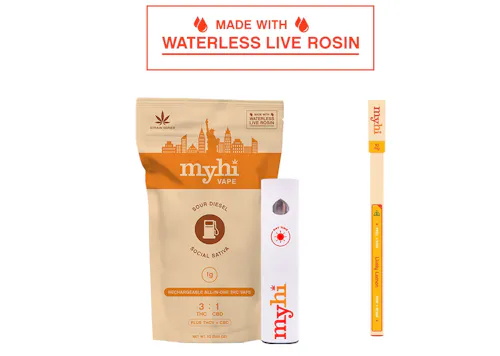 MyHi | Social Sativa Sour Diesel  | 3:1 THC / CBD + THCv & CBC | Waterless Live Rosin Disposable | 1g-active