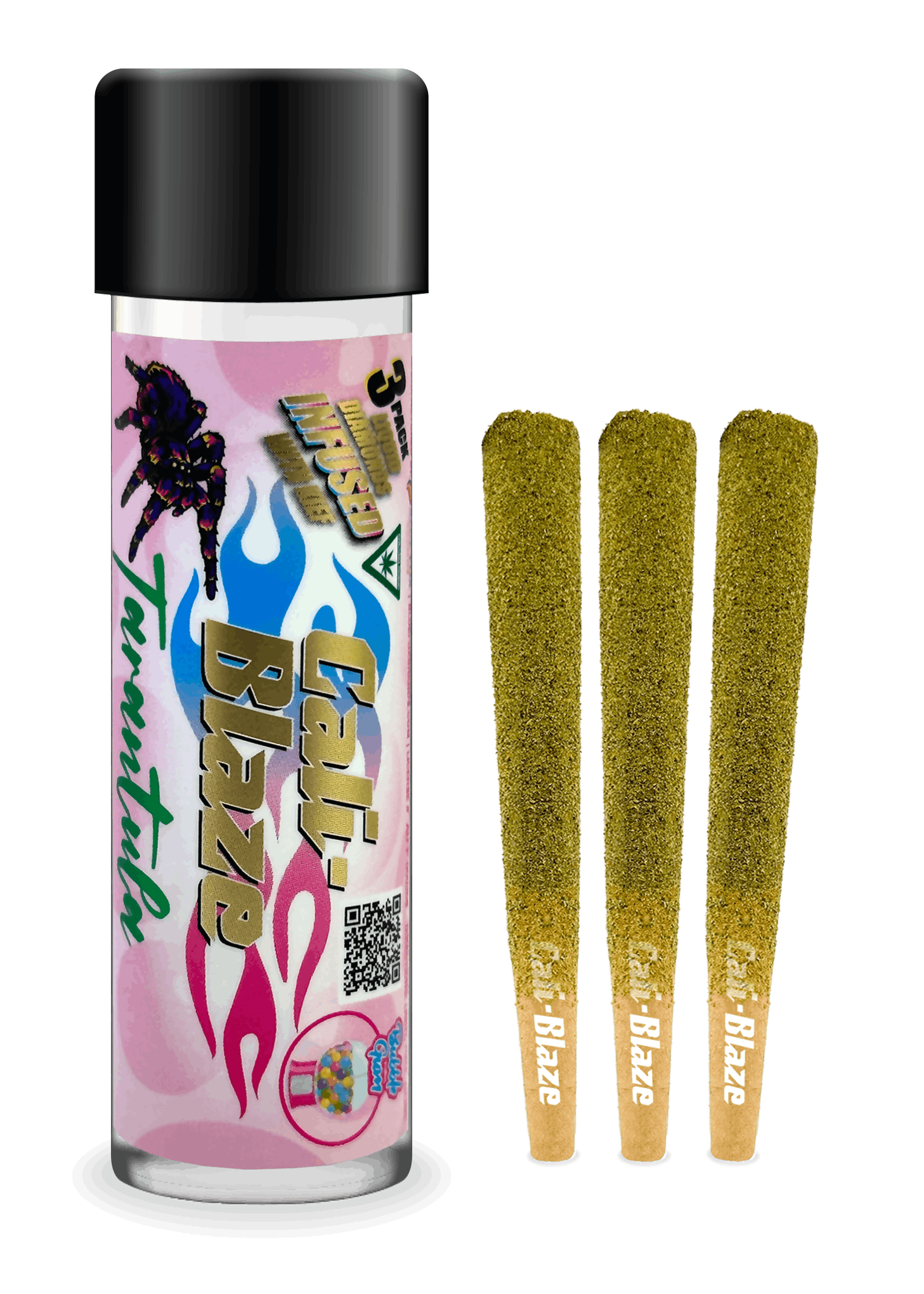 Product: *Cali-Blaze Tarantula | Bubble Gum | Kief Coated & Liquid Diamond Infused Preroll - 1g/3pk