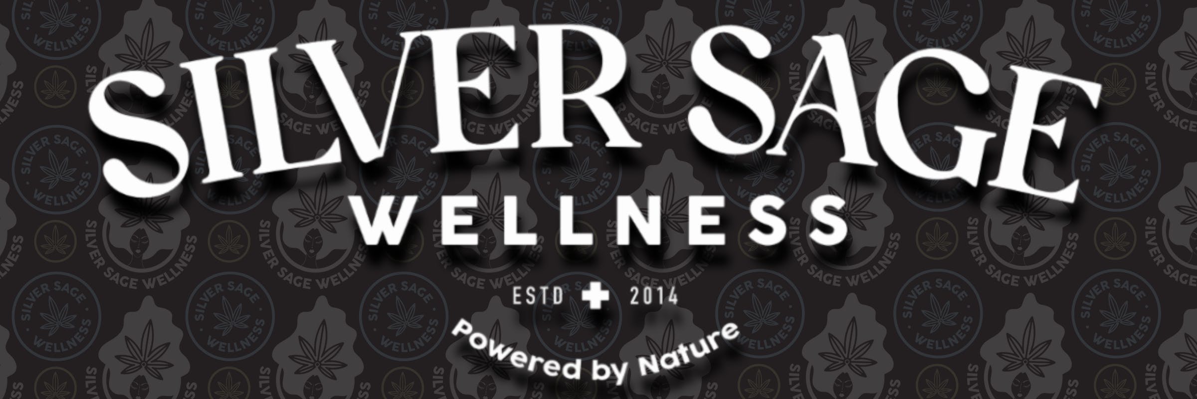 alt= Text reads "SILVER SAGE WELLNESS ESTD 2014 Powered by Nature" with a cannabis leaf logo in the background.