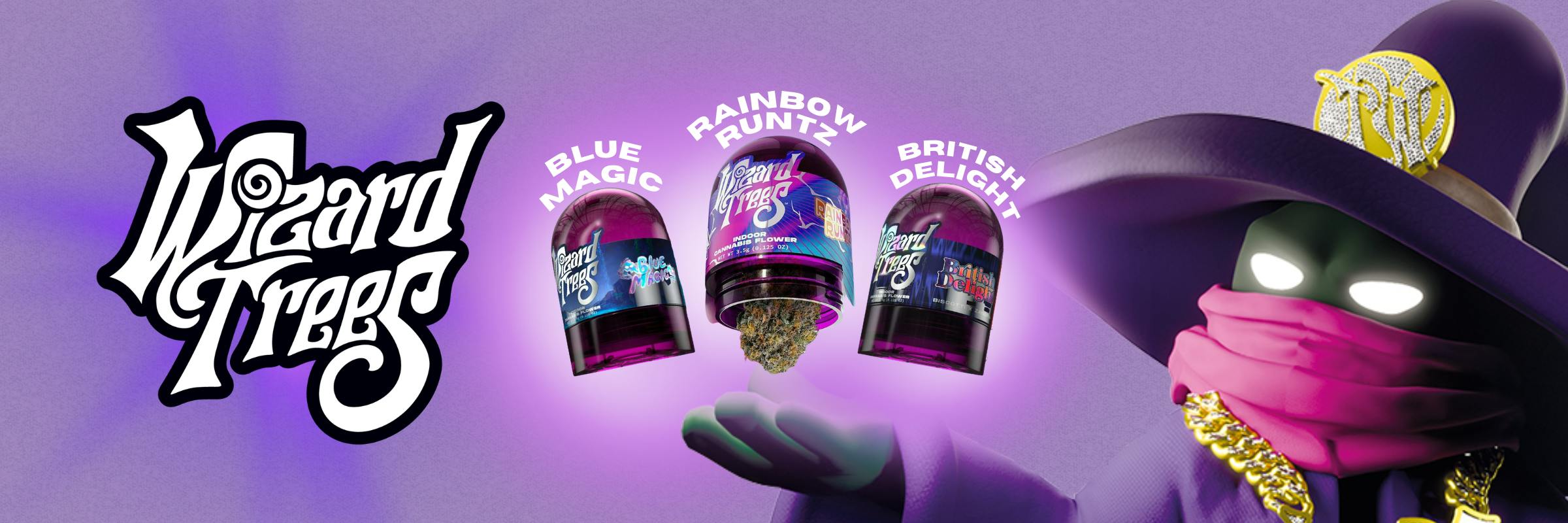 Wizard Trees eighths are now available in three strains: Blue Magic, Rainbow Runtz, and British Delight.