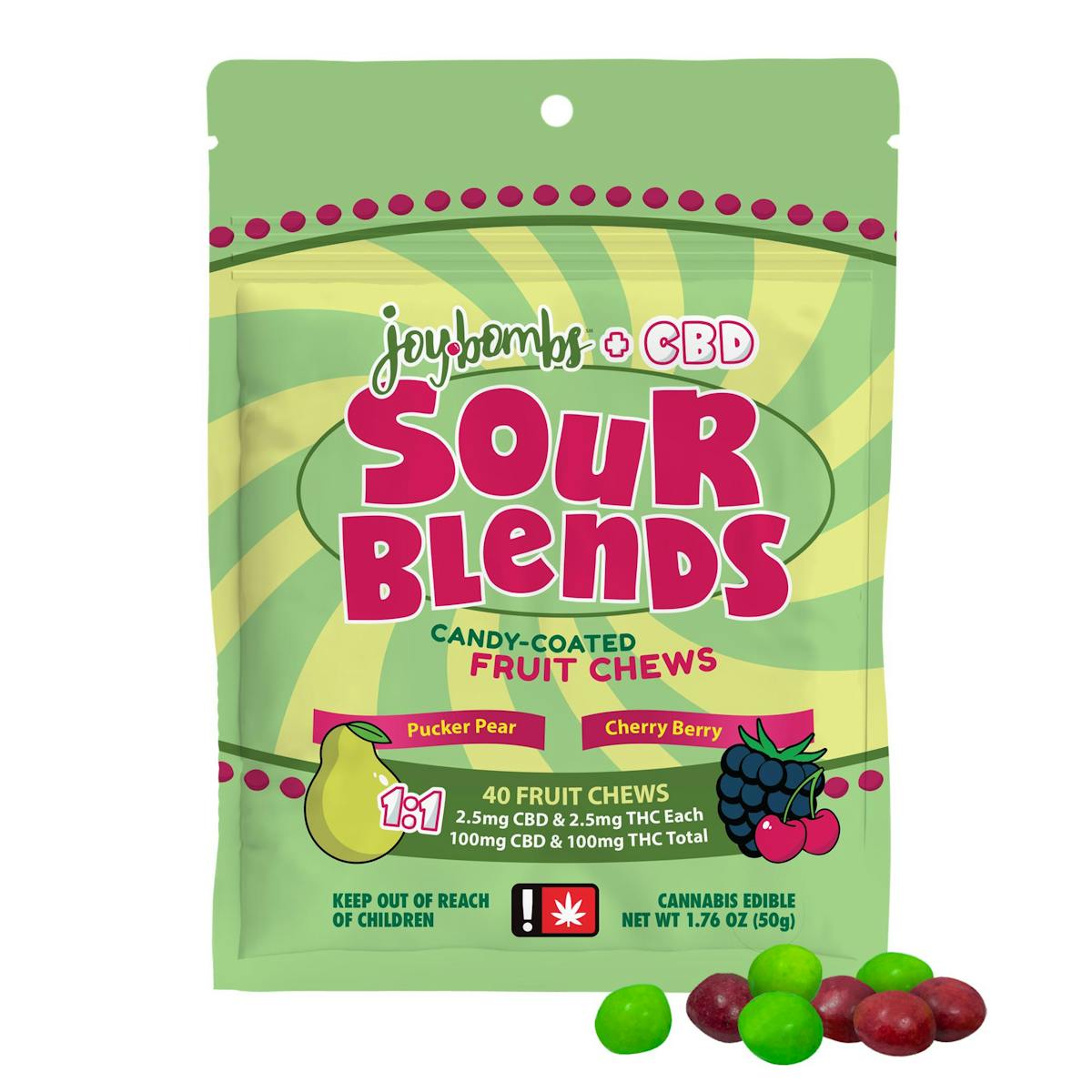 Photo of Joy Bombs 100mg 1:1 THC:CBD SOUR BLENDS Candy-Coated Fruit Chews 40pk