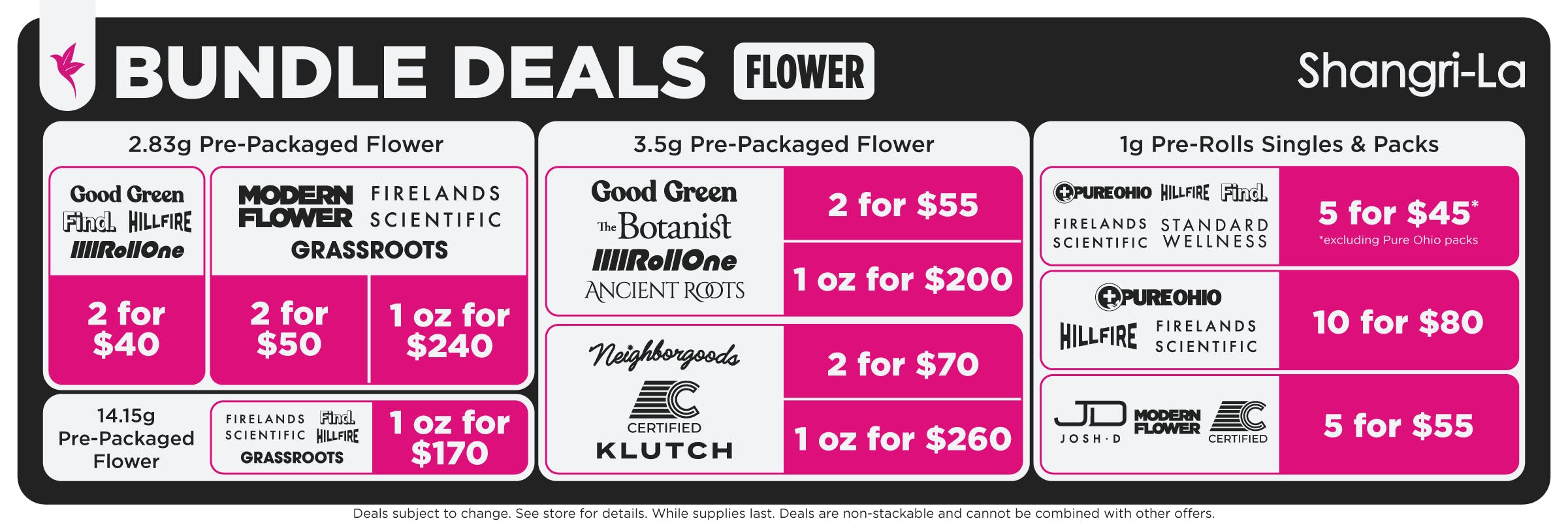 Shangri-La Ohio flower bundle deals featuring discounted multi-buy pricing on pre-packaged flower and pre-rolls from Good Green, Find., Hillfire, Roll One, Modern Flower, Firelands Scientific, Grassroots, The Botanist, Ancient Roots, Neighborhoods, Certified, Klutch, Pure Ohio, Standard Wellness, Josh D, and Firelands Scientific. Offers include select 2.83g flower 2 for $40 or $50, 3.5g flower 2 for $55 or $70, select ounces from $170 to $260, and 1g pre-roll bundles including 5 for $45, 5 for $55, and 10 for $80.