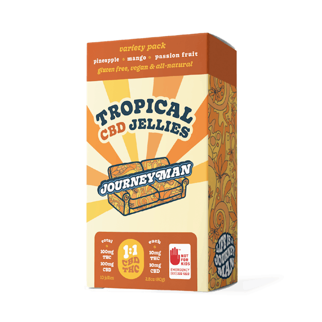 Sweet, tangy and all-natural – these jellies are a bite of sunshine. Real fruit inside and out for a mouth full of flavor that will take you straight to the beach. Journeyman 1:1 Jellies offer a glowing, balanced, and full experience with an even measure of THC and CBD. · Variety Pack: Pineapple, Mango & Passion Fruit · Vegan, Gluten Free and All-Natural 100mg CBD/100mg THC 10 jellies, 10mg CBD/10mg THC each
