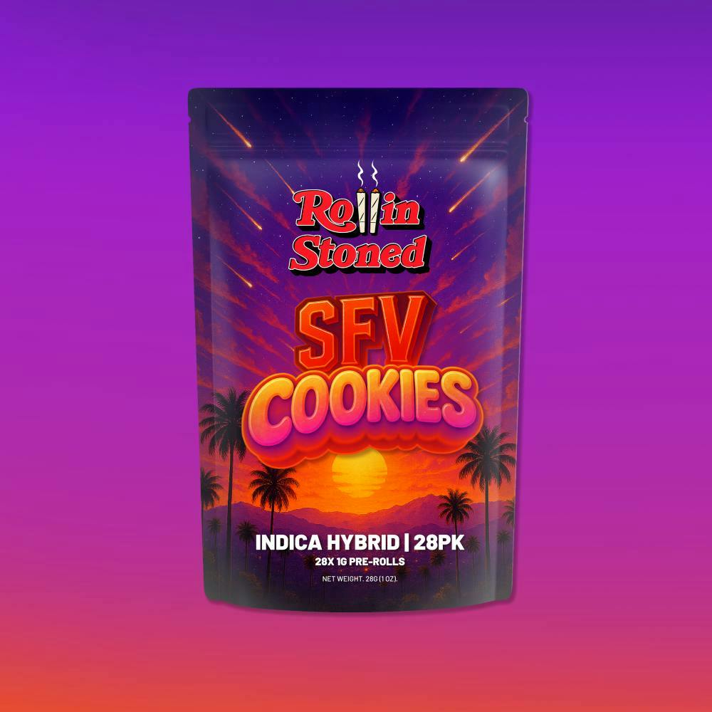 SFV COOKIES PRE-ROLL PACK 1G x 28 INDICA by Rollin Stoned – Pre-Rolls at Gatsby Cannabis
