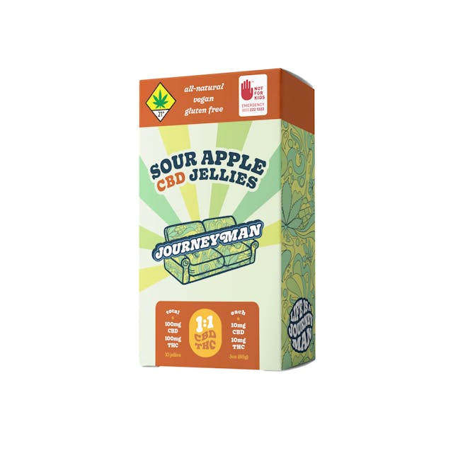 An apple a day keeps the bad vibes away. Our Sour Apple Jellies are made with a 1:1 ratio and offer a glowing, balanced, and full experience with an even measure of THC and CBD.All-Natural, Vegan and Gluten Free100mg CBD/100mg THC, 10-pack (10mg CBD/10mg THC each)