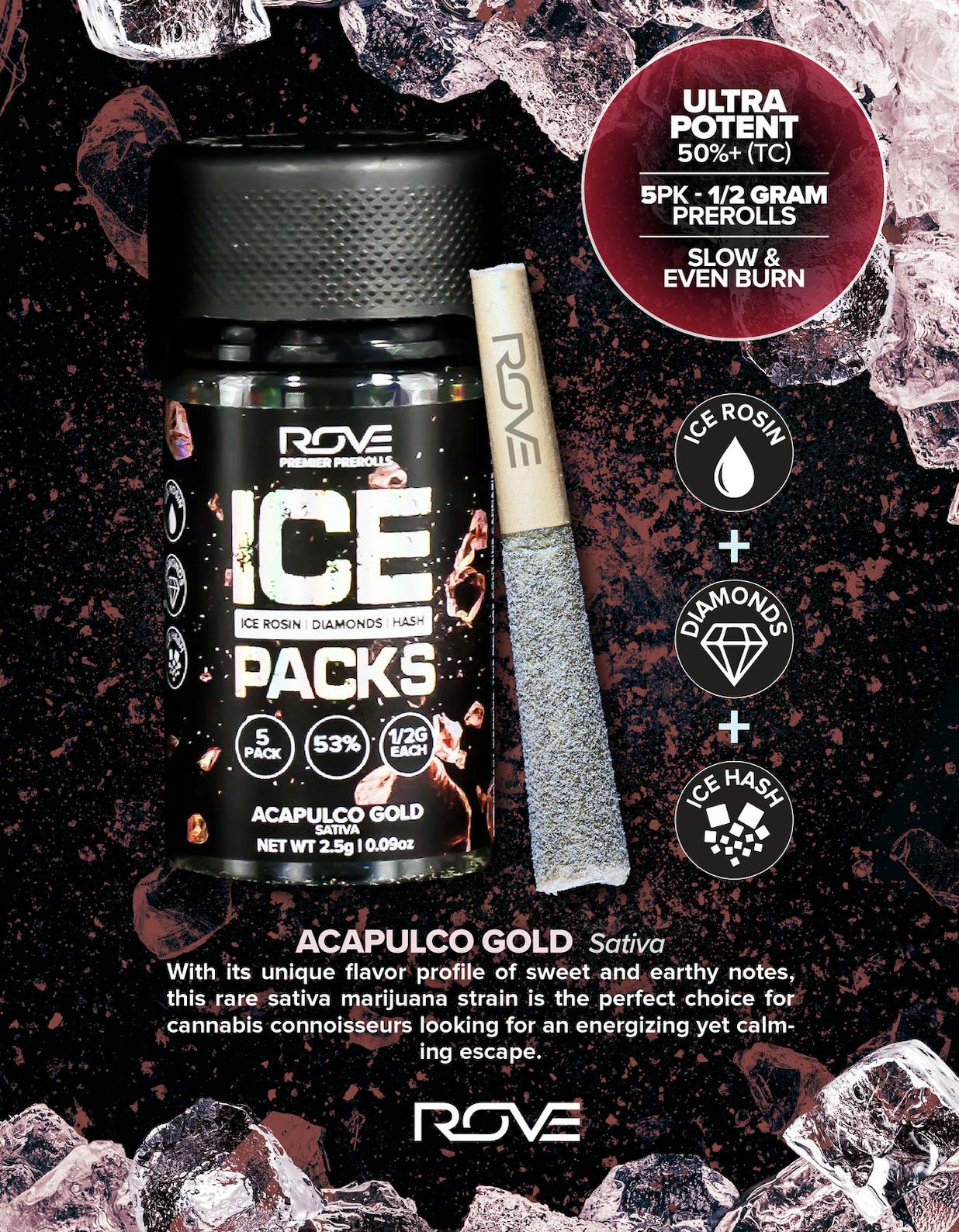 ROVE- ICE PACK-0.5g Infused Pre-Roll 5pk (2.5g)- ACAPULCO GOLD