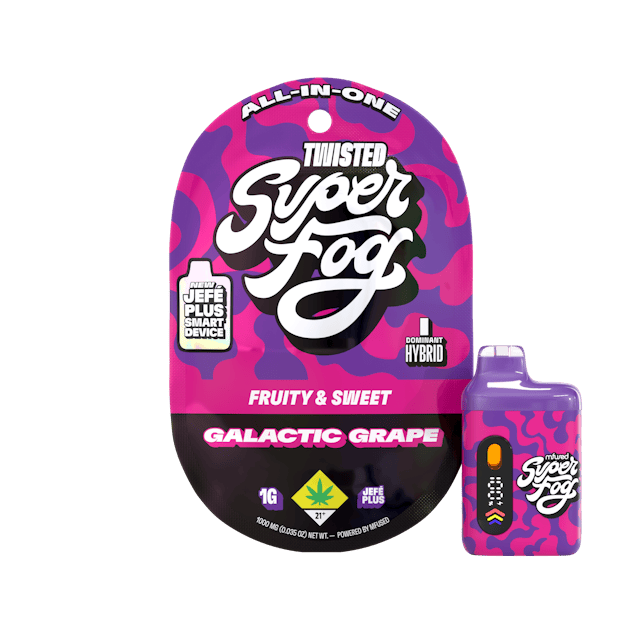 TYPE: Indica Dom. Hybrid
TASTING NOTES: Fruity & Sweet
Orbit the Earth with Galactic Grape, the vape that offers an out-of-this-world, juicy grape flavor. It’s your sweet escape, like sipping your favorite grape drink while wearing a sweet space suit. Take your taste buds on a trip into the grape beyond!  
TWISTED is a flavorful, high-strength concentrate that uses melted THCa diamonds for potency and all-natural terpenes for unique flavor profiles that are exciting and familiar. 
Introducing the upgraded Mfused Jefé Plus device! 
LED screen display
Dosing Timer – Time your hits to monitor vapor intake
Battery Life – Monitor battery level so you’re never caught off guard
Temperature Display – Easily see which temperature your device is set to
Cold Start Timer – Countdown timer to indicate when device is ready for usage
Spark Button allows for a fully customized cannabis experience
Two Taps – Cold Start: Preheat oil and prevent potential clogging issues
Three Taps – Change Temperature: Three different temperatures
Five Taps – On/Off: Control battery life by turning off device when not in use
Discreet size and ergonomic shape for convenience
Custom-designed atomizer tuned for each oil type and product line
Fast charging via USB-C with multi-day battery endurance
Zero harmful additives 
Independently tested to ensure product safety
Designed, tested and developed in the U.S. with our aerosol testing laboratory
Built-in seven-second safety timer prevents the atomizer from overheating