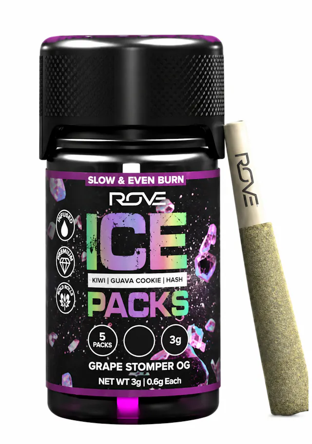 Rove Ice Packs Infused Pre-Roll Pack Grape Stomper OG 5pk/3g (hybrid, infused pre roll packs)
