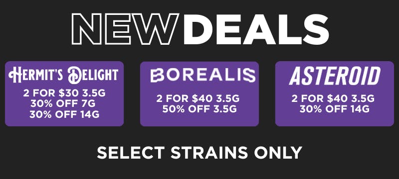 Shangri-La Missouri cannabis promotions banner featuring new flower deals on select Hermit's Delight, Borealis, and Asteroid strains, including 2 for $30 and $40 offers plus 30% to 50% off select flower sizes.