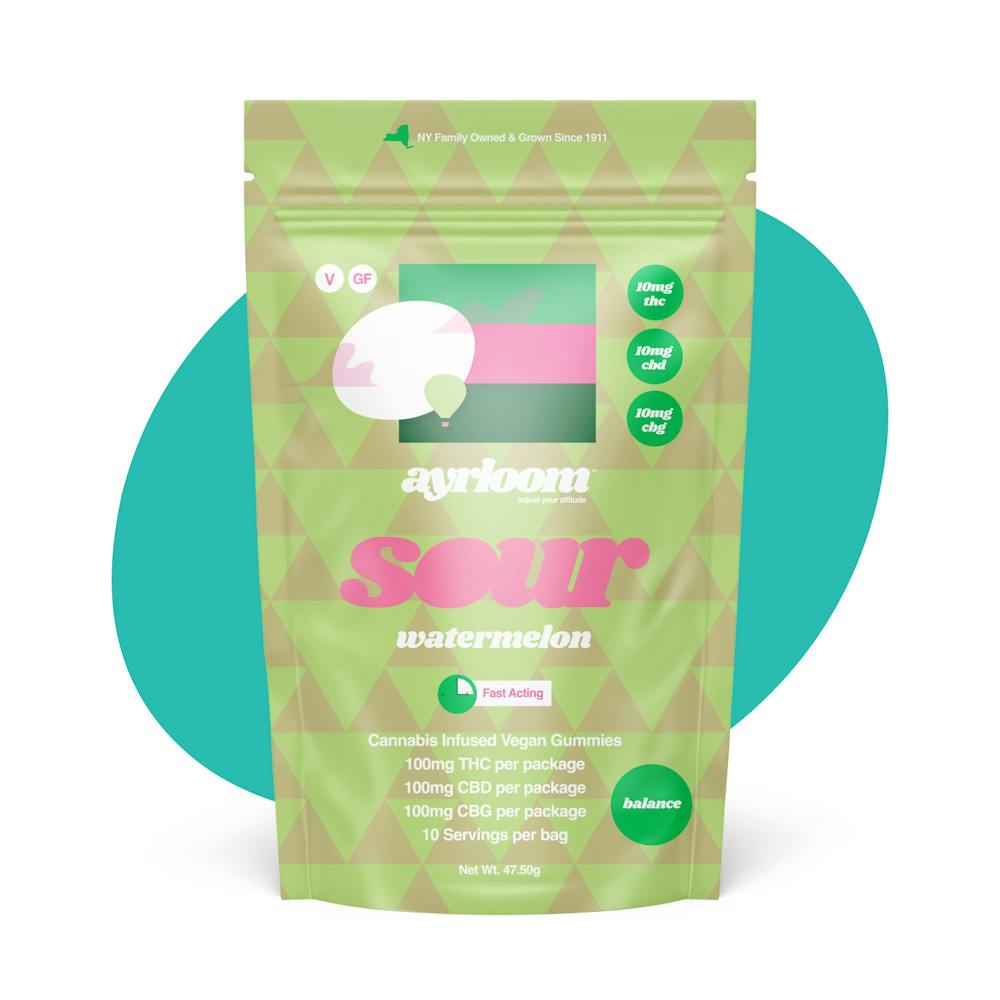 Product Ayrloom | Sour Watermelon 1:1:1 | 10MG THC : 10MG CBD : 10MG CBG 10 Pack
