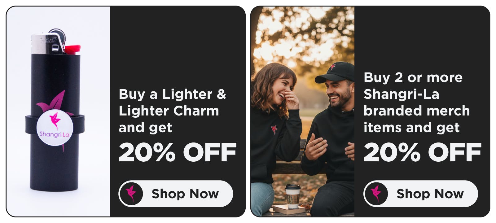 Shangri-La branded merchandise promotion featuring branded lighters, lighter charms, apparel, and accessories. Purchase a lighter with a matching lighter charm to receive 20% off, or buy two or more Shangri-La branded merchandise items to receive 20% off.