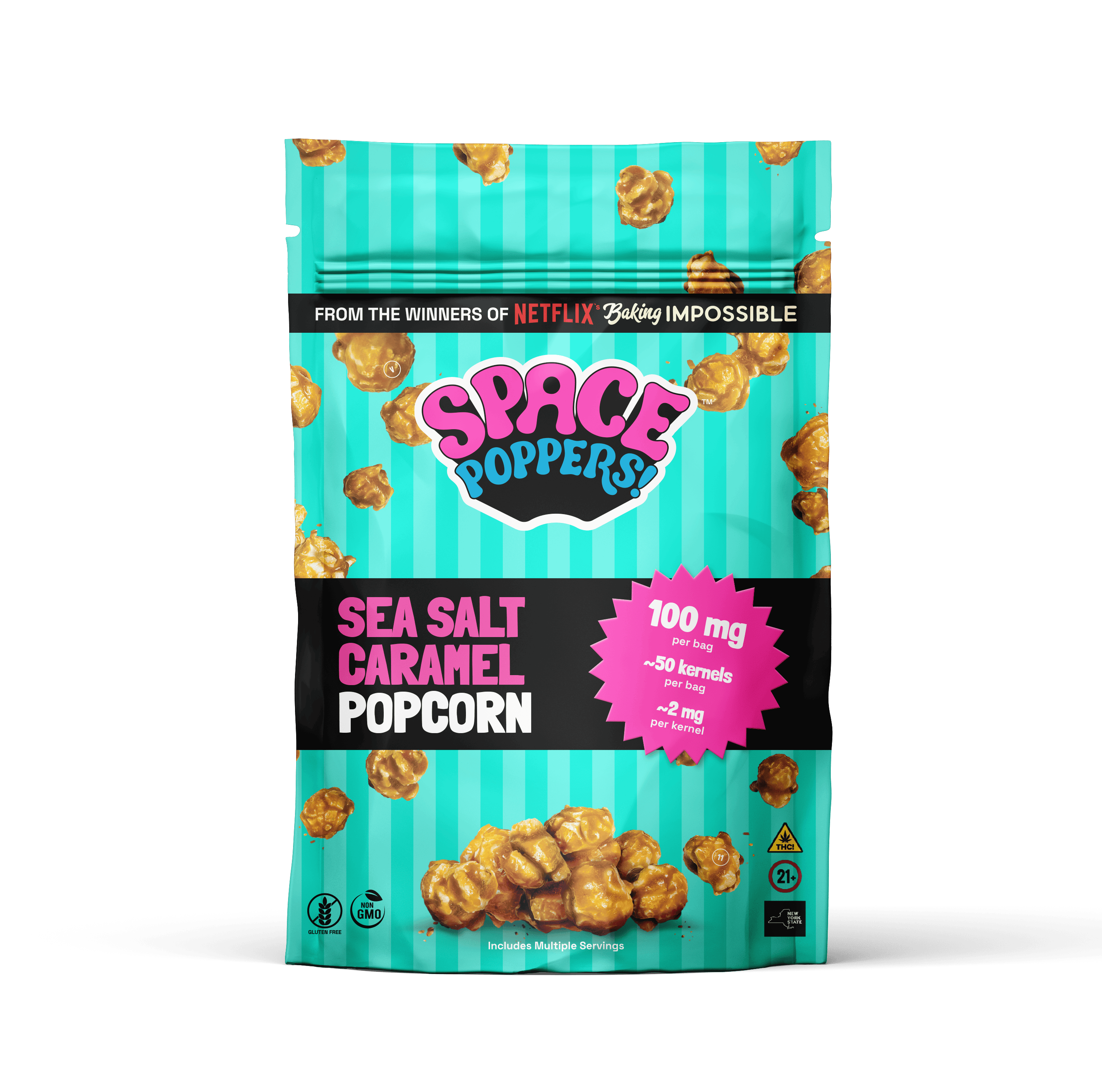 Space Poppers Caramel Popcorn w/sea salt | Large 50 Kernels | 100mg THC | Gluten Free