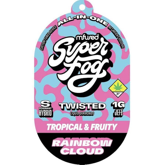 TYPE: Sativa Dom. Hybrid TASTING NOTES: Tropical & Fruity -- Float on a candy-floss cloud of sweet delights, combining the whimsical taste of cotton candy with fresh berries. It’s a sugar rush in every puff! Set your mind adrift on a rainbow of flavors. -- TWISTED is a flavorful, high-strength concentrate that uses melted THCa diamonds for potency and all-natural terpenes for unique flavor profiles that are exciting and familiar. -- Powered by the Mfused Jefé: + High potency effects from melted THCa diamonds + Mouth-watering flavors from all-natural terpenes + New ergonomic shape is comfortable, discreet and convenient + Custom-designed atomizer is tuned for the most authentic expression of our extracts + Designed, tested and developed in the U.S. with our aerosol testing laboratory + Spark Button allows for a fully customized cannabis experience + Button controls device ON/OFF, cold-start and variable temperature settings + Fast charging via USB-C with multi-day battery endurance + Zero harmful additives + Independently tested to ensure product safety