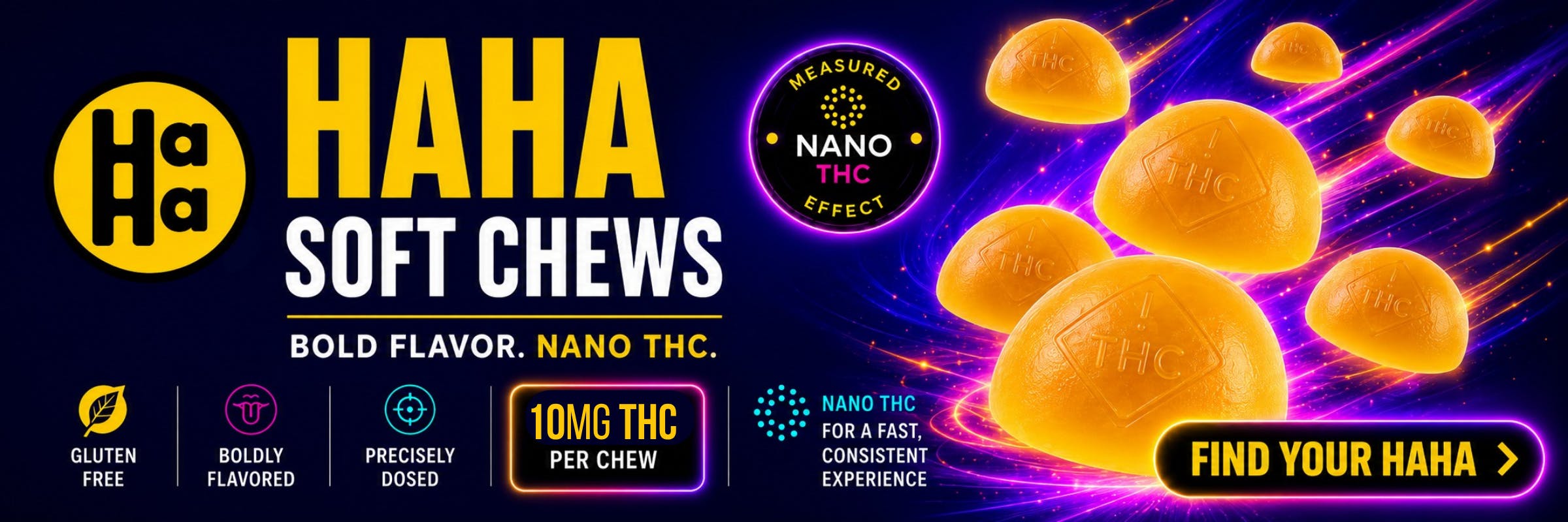 Measured Nano THC Effect, Bold Flavor. 10mg THC per chew. Gluten free, boldly flavored, precisely dosed.