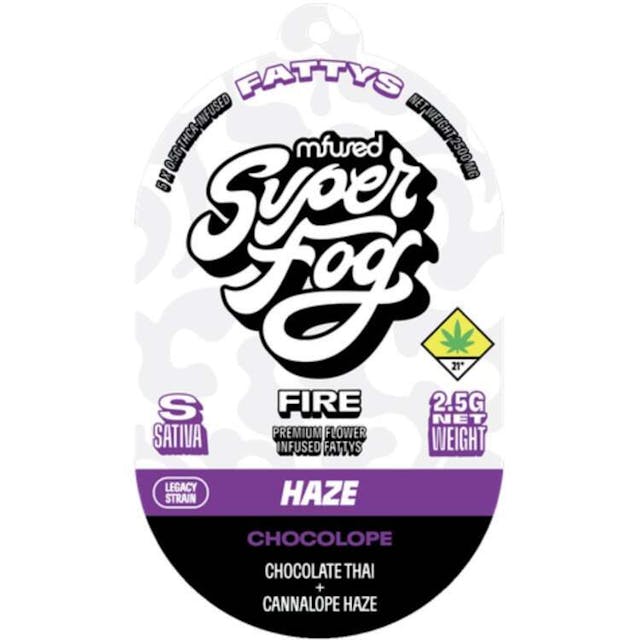 TYPE: Sativa GENETICS: Chocolate Thai x Cannalope Haze CLASSIFICATION: Legacy Strain / Haze Profile -- Discover Chocolope, the strain that’s a mocha lover’s dream. Its sweet, coffee-chocolate flavor and invigorating high is perfect for staying alert and inspired. Perfect for a morning boost or a midday treat, it keeps you energized and focused. Treat yourself to Chocolope. It’s the ultimate pick-me-up. -- FIRE FATTY is a premium full-flower pre-roll coated in kief and infused with melted THCa diamonds and live resin terpenes. It offers a pure, authentic and complex flavor. This robust extract is powerful, delivering accelerated and intense effects due to its remarkably high THC concentration. -- Rolled and Crowned by Mfused: + Exclusively made with premium-grade flower grown by esteemed partner farms + Infused with melted THCa diamonds and live resin terpenes to enhance flavor and aroma + Kief-coated cone for added potency + Dutch crowned for an even, consistent burn from start to finish + Zero artificial additives or flavoring + 5-10 minute burn time expectancy