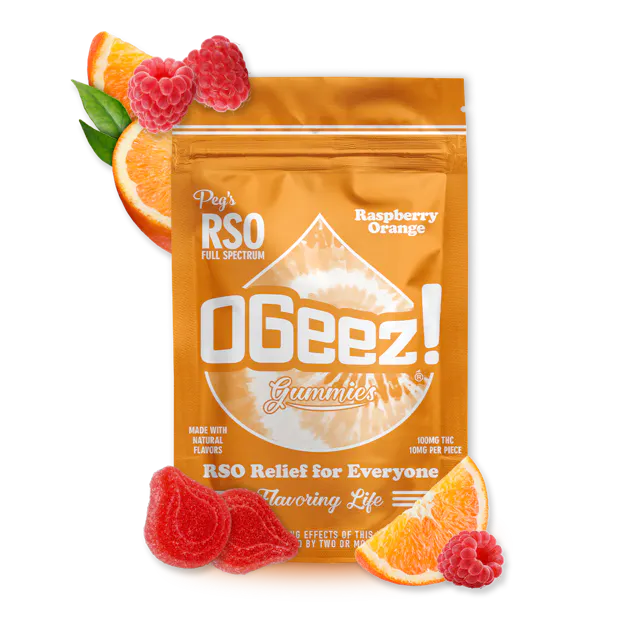 OGeez! Gummies Peg’s Raspberry Orange RSO 10pk/100mg (indica hybrid, 2.8g)