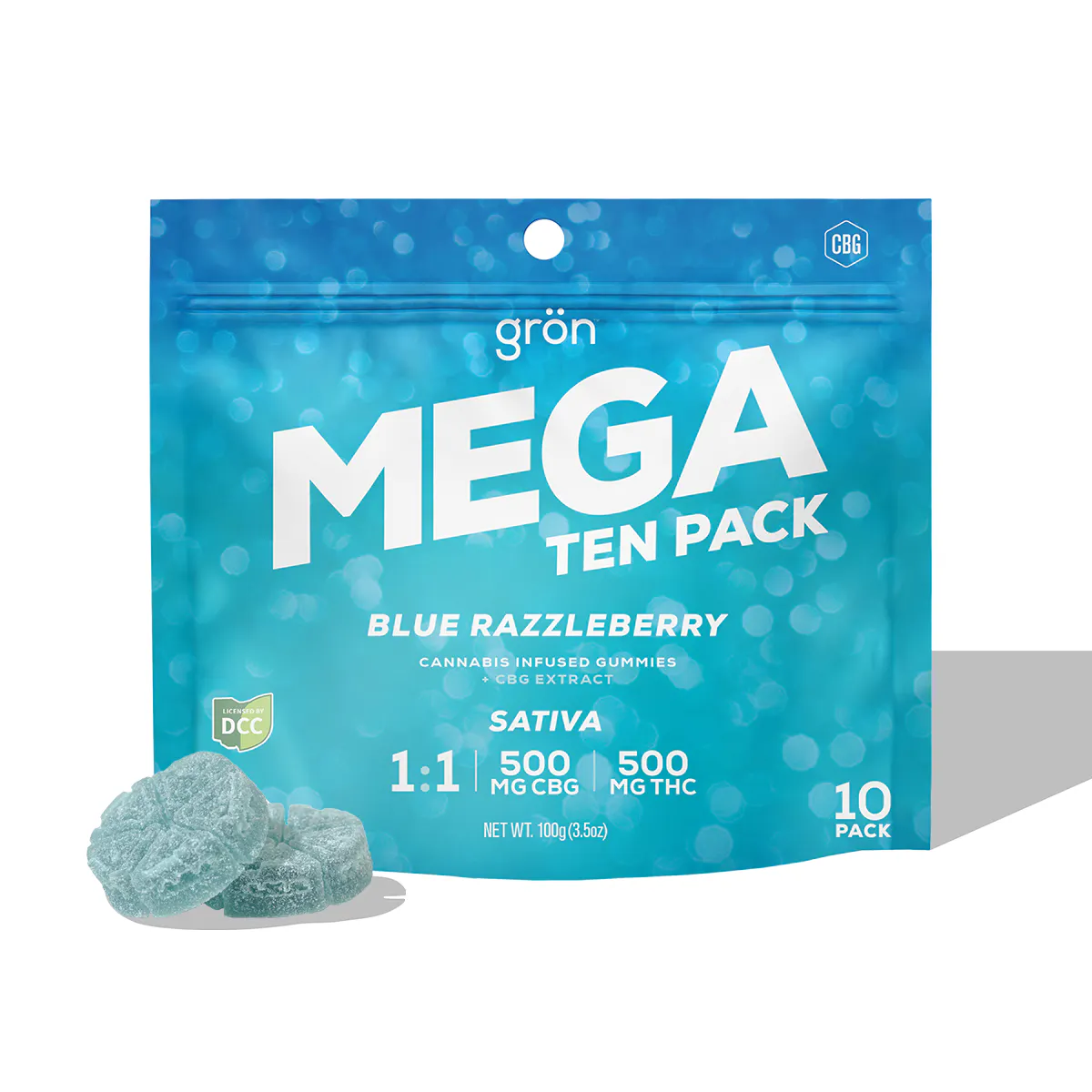 Shop Mega Blue Razzleberry 1:1 THC:CBG - 500mg 10pk Gummies in