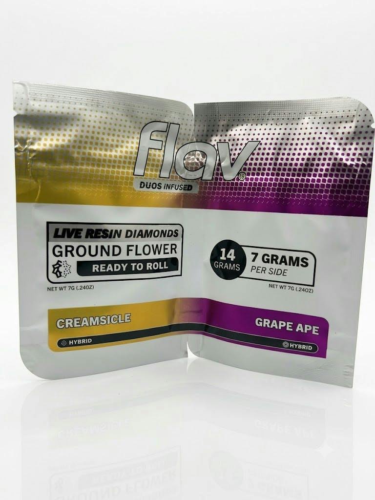 Flav Duos Live Resin Infused Ground Flower Creamsicle (Hybrid) X Grape Ape (Indica)