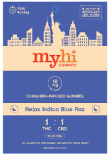 Relax Indica Blue Raz (1:1 THC:CBD + CBN) – Waterless Live Rosin Fast Acting Gummies – 10 pieces (100mg)-3