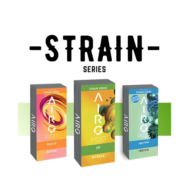 Airo Brands Strain Series consists of high-potency, pure distillate oil blended with 100% naturally sourced terpenes true to the cannabis plant. Our unique terpene profiles give you a classic strain taste and feel. -- AiroPod Cartridges are only compatible with the AiroPro and AiroSport Vaporizer.