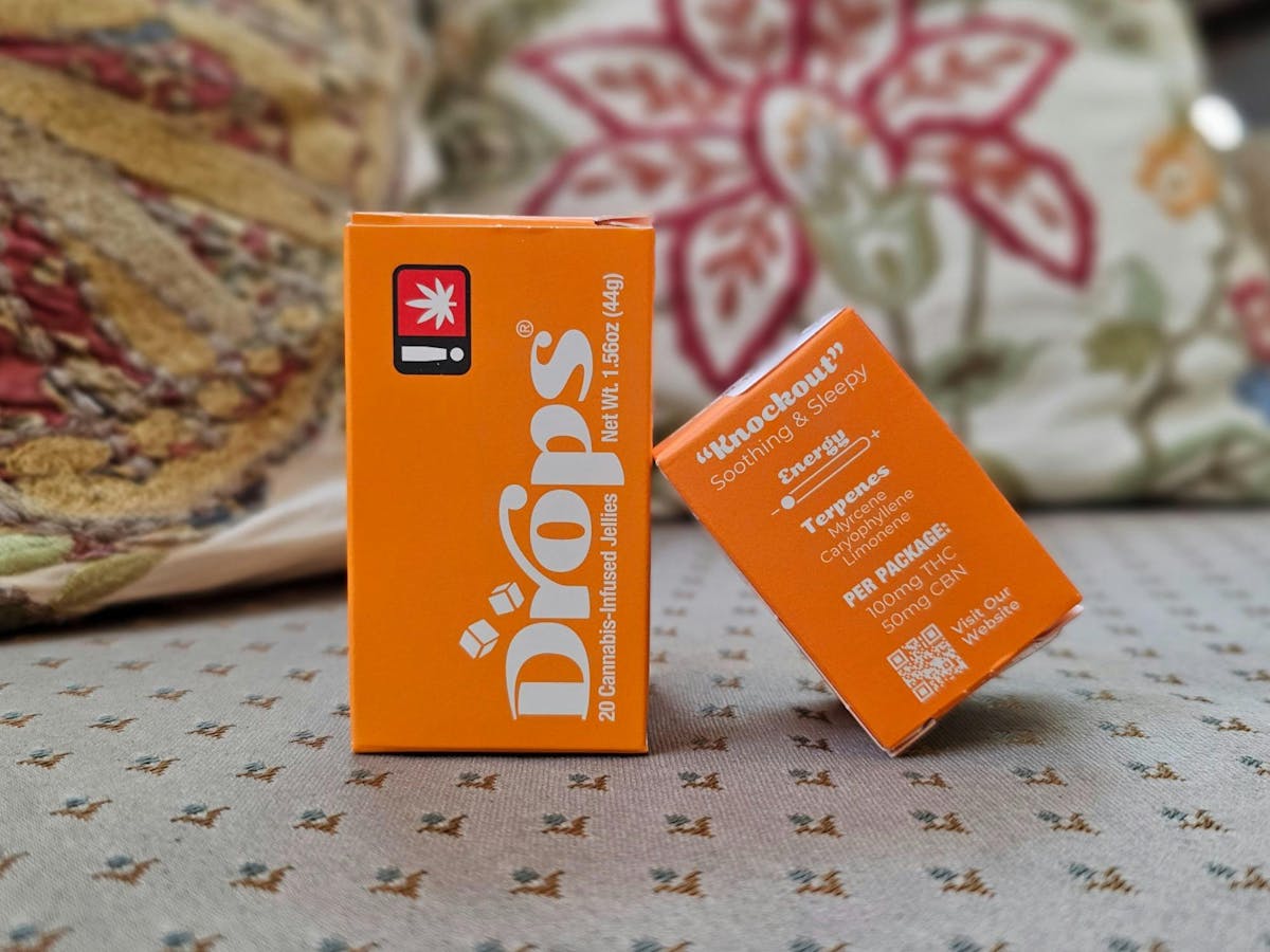 Drops 100mg 2:1 THC:CBN MANGO Knockout 20pk Live Rosin Jellies 44g