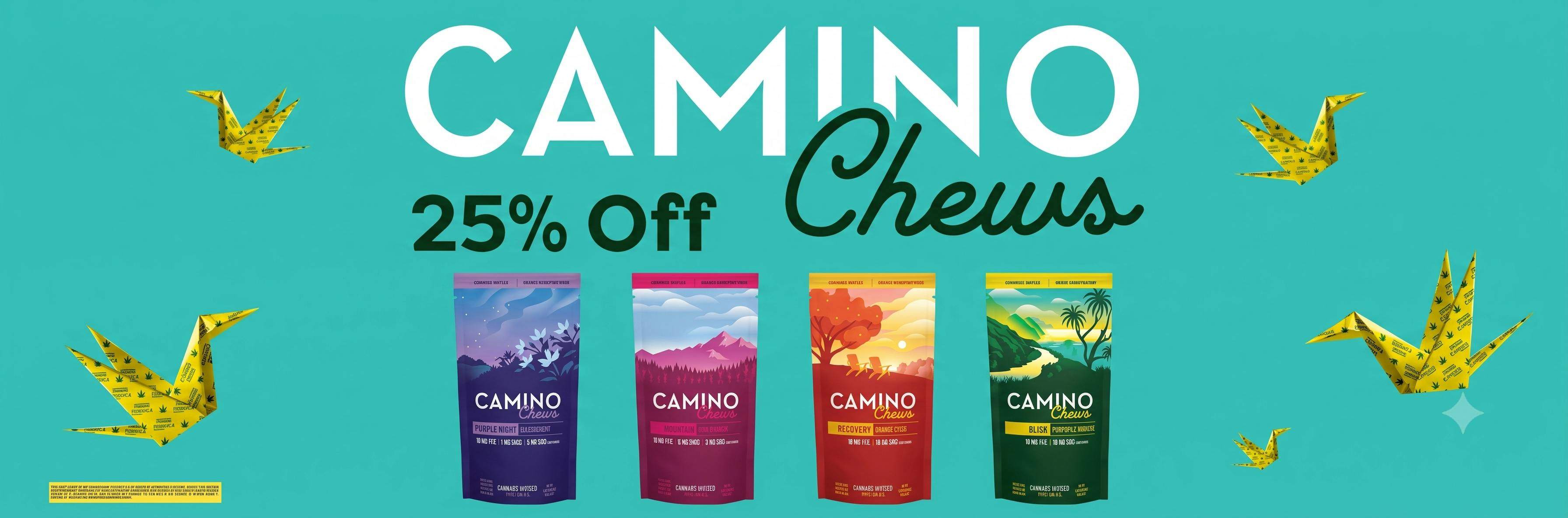 25% off Camino Chews promo banner displaying four cannabis-infused chew flavor packages surrounded by yellow origami cranes on a teal background.