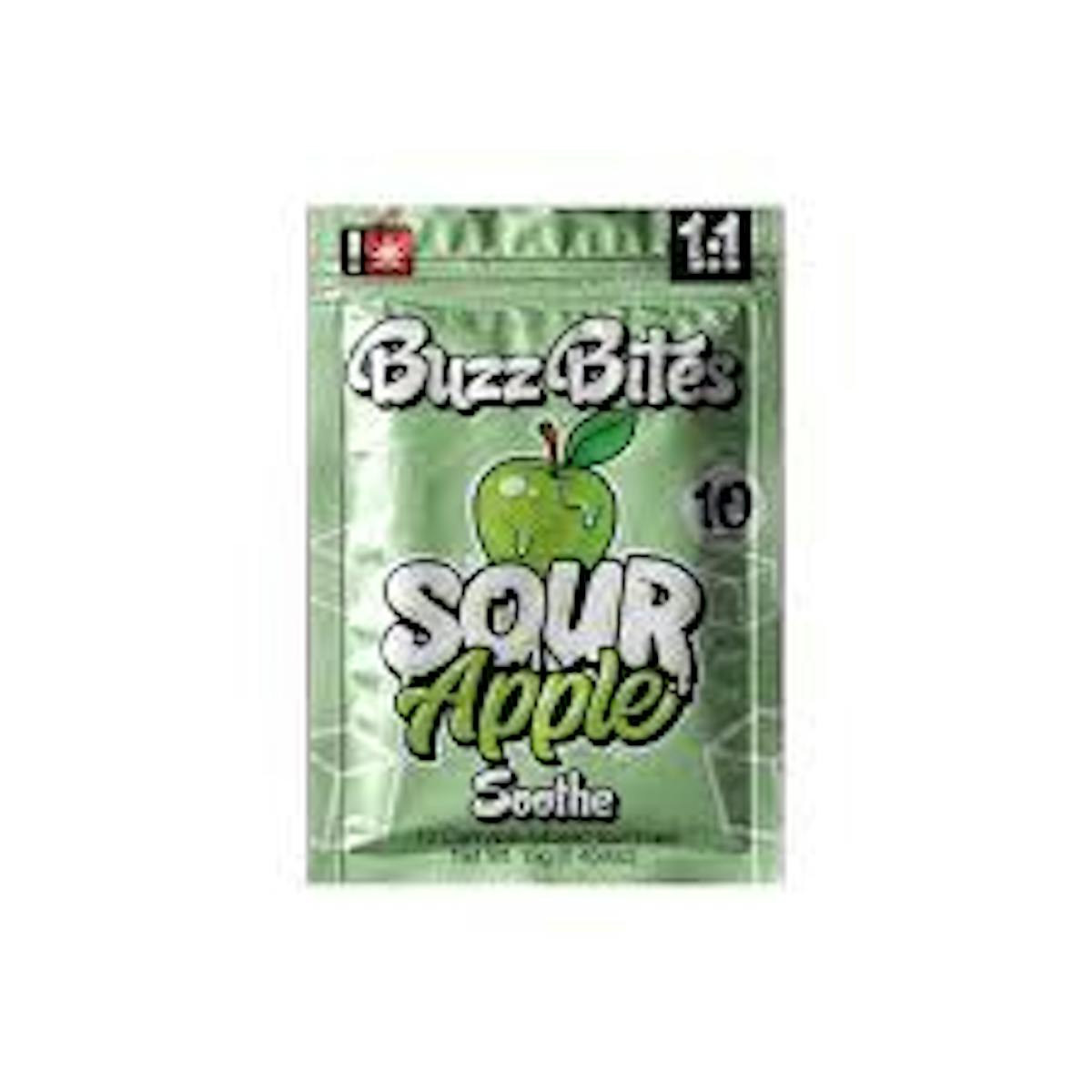 Photo of Buzz Bites 100mg 1:1 THC:CBD SOUR APPLE Soothe Cannabis Infused Gummies 10pk