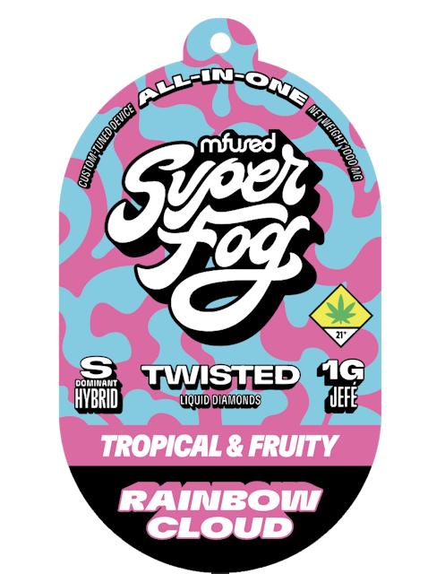 TYPE: Sativa Dom. Hybrid
TASTING NOTES: Tropical & Fruity
--
Float on a candy-floss cloud of sweet delights, combining the whimsical taste of cotton candy with fresh berries. It’s a sugar rush in every puff! Set your mind adrift on a rainbow of flavors.  
 --
TWISTED is a flavorful, high-strength concentrate that uses melted THCa diamonds for potency and all-natural terpenes for unique flavor profiles that are exciting and familiar. 
--
Powered by the Mfused Jefé: 
+ High potency effects from melted THCa diamonds
+ Mouth-watering flavors from all-natural terpenes
+ New ergonomic shape is comfortable, discreet and convenient
+ Custom-designed atomizer is tuned for the most authentic expression of our extracts
+ Designed, tested and developed in the U.S. with our aerosol testing laboratory
+ Spark Button allows for a fully customized cannabis experience
+ Button controls device ON/OFF, cold-start and variable temperature settings
+ Fast charging via USB-C with multi-day battery endurance
+ Zero harmful additives 
+ Independently tested to ensure product safety