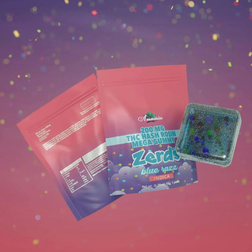 Amnesia 200mg 1pk Hash Rosin Zerds Gummies Blue Razz