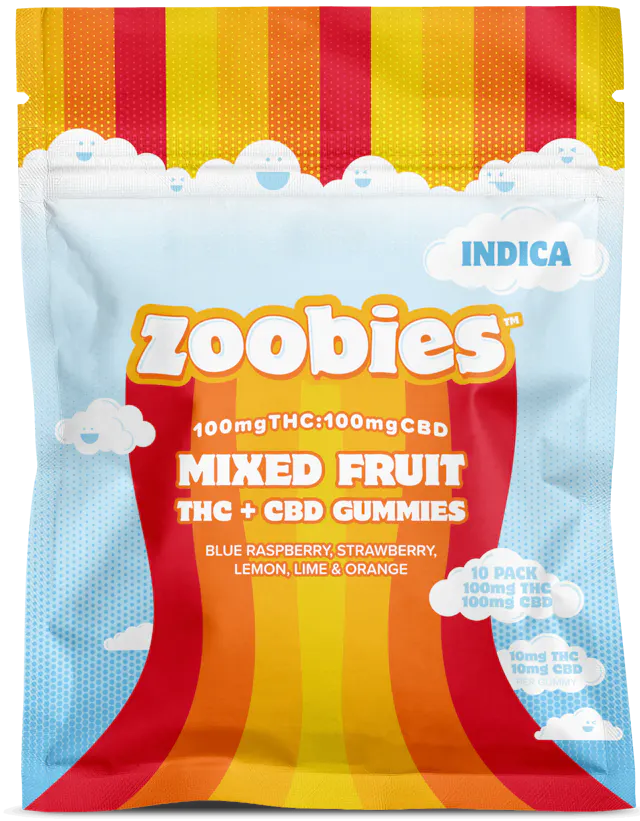 Zoobies Gummies Mixed Fruit Indica 1 CBD : 1 THC 10pk/100mg (2.8g)