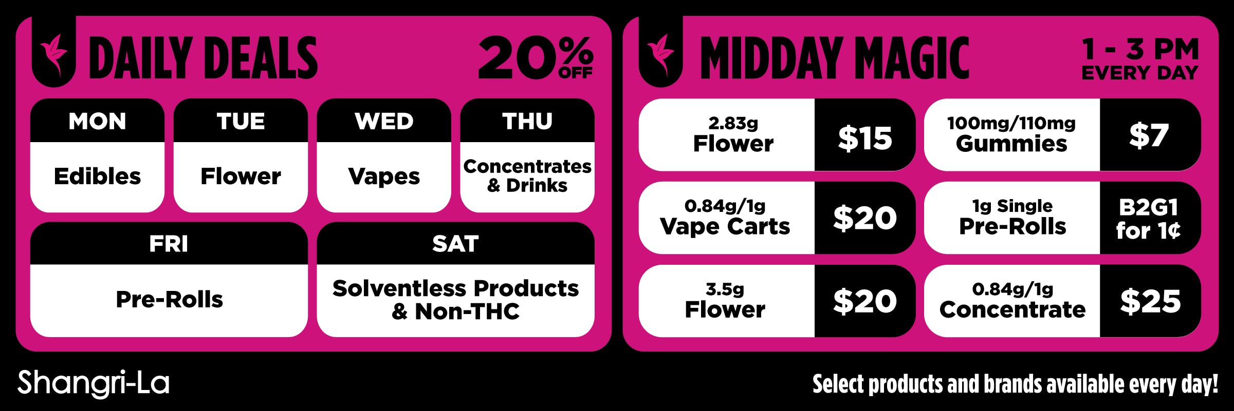 Shangri-La promotional banner featuring Daily Deals and Midday Magic specials in a pink and black layout; the Daily Deals section shows 20% off rotating categories by day including edibles on Monday, flower on Tuesday, vapes on Wednesday, concentrates and drinks on Thursday, pre-rolls on Friday, and solventless and non-THC products on Saturday; the Midday Magic section highlights daily specials from 1 to 3 PM including 2.83g flower for $15, 100mg or 110mg gummies for $7, vape carts for $20, 1g single pre-rolls as buy two get one for 1¢, 3.5g flower for $20, and concentrates for $25, with a note that select products and brands are available every day.