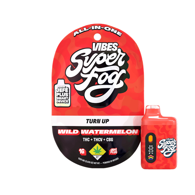 THC + THCV + CBG
Get moving with Turn Up, featuring THCV, THC, and CBG to boost your workout and energy levels. Ideal for active days, it’s like an energy drink in a puff. Turn up, and get ready to rock!  
VIBES are Broad Spectrum Extracts precisely formulated to drive specific effects through combinations of specific cannabinoids. Unique flavor profiles are added afterward to create additional layers of complexity while providing a familiar, fun taste.
Introducing the upgraded Mfused Jefé Plus device! 
LED screen display
Dosing Timer – Time your hits to monitor vapor intake
Battery Life – Monitor battery level so you’re never caught off guard
Temperature Display – Easily see which temperature your device is set to
Cold Start Timer – Countdown timer to indicate when device is ready for usage
Spark Button allows for a fully customized cannabis experience
Two Taps – Cold Start: Preheat oil and prevent potential clogging issues
Three Taps – Change Temperature: Three different temperatures
Five Taps – On/Off: Control battery life by turning off device when not in use
Discreet size and ergonomic shape for convenience
Custom-designed atomizer tuned for each oil type and product line
Fast charging via USB-C with multi-day battery endurance
Zero harmful additives 
Independently tested to ensure product safety
Designed, tested and developed in the U.S. with our aerosol testing laboratory
Built-in seven-second safety timer prevents the atomizer from overheating
